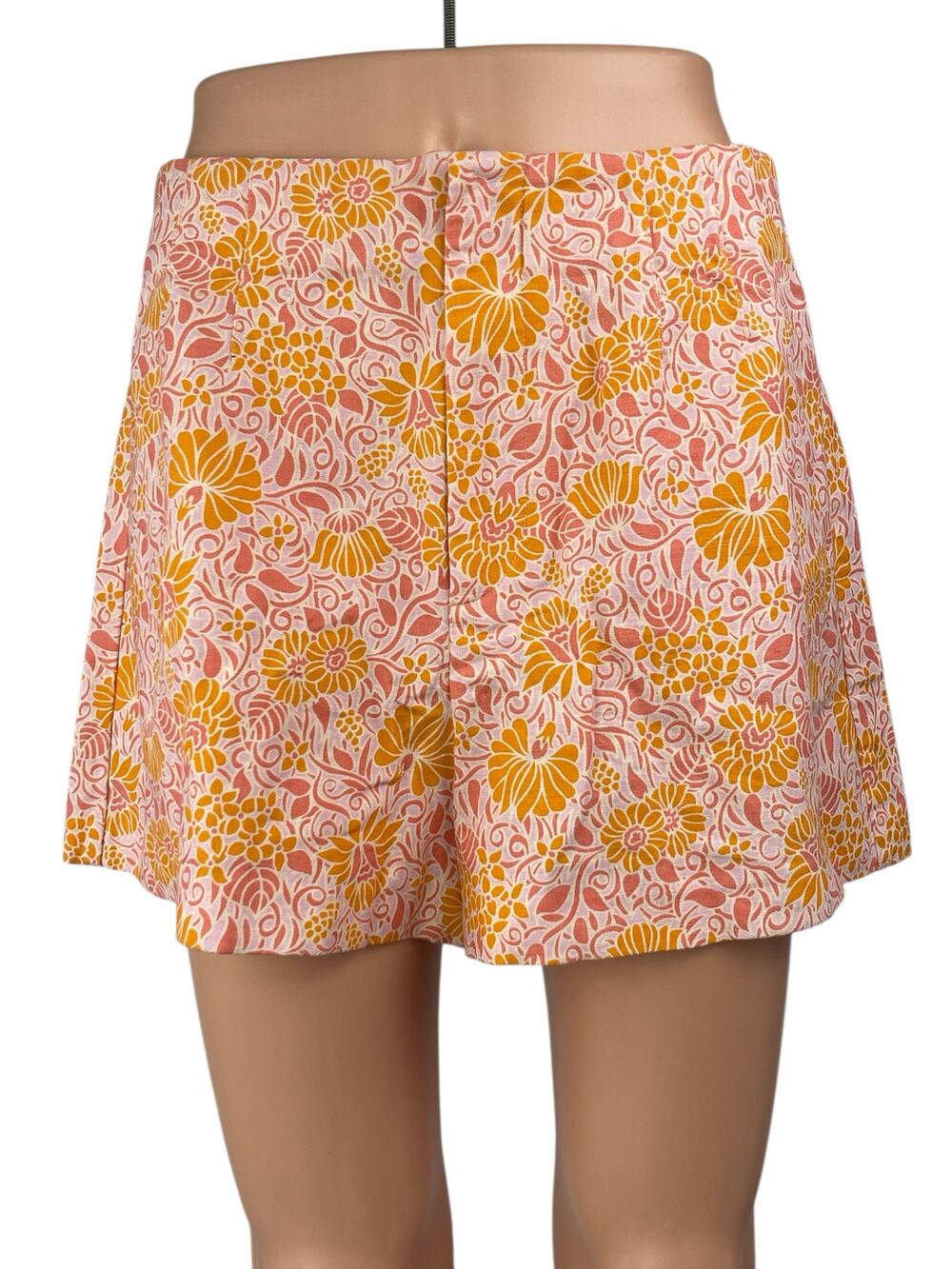 ZARA Orange Multicolor Floral Linen High Rise Mini Flare A-Line Skort Skirt Sz L